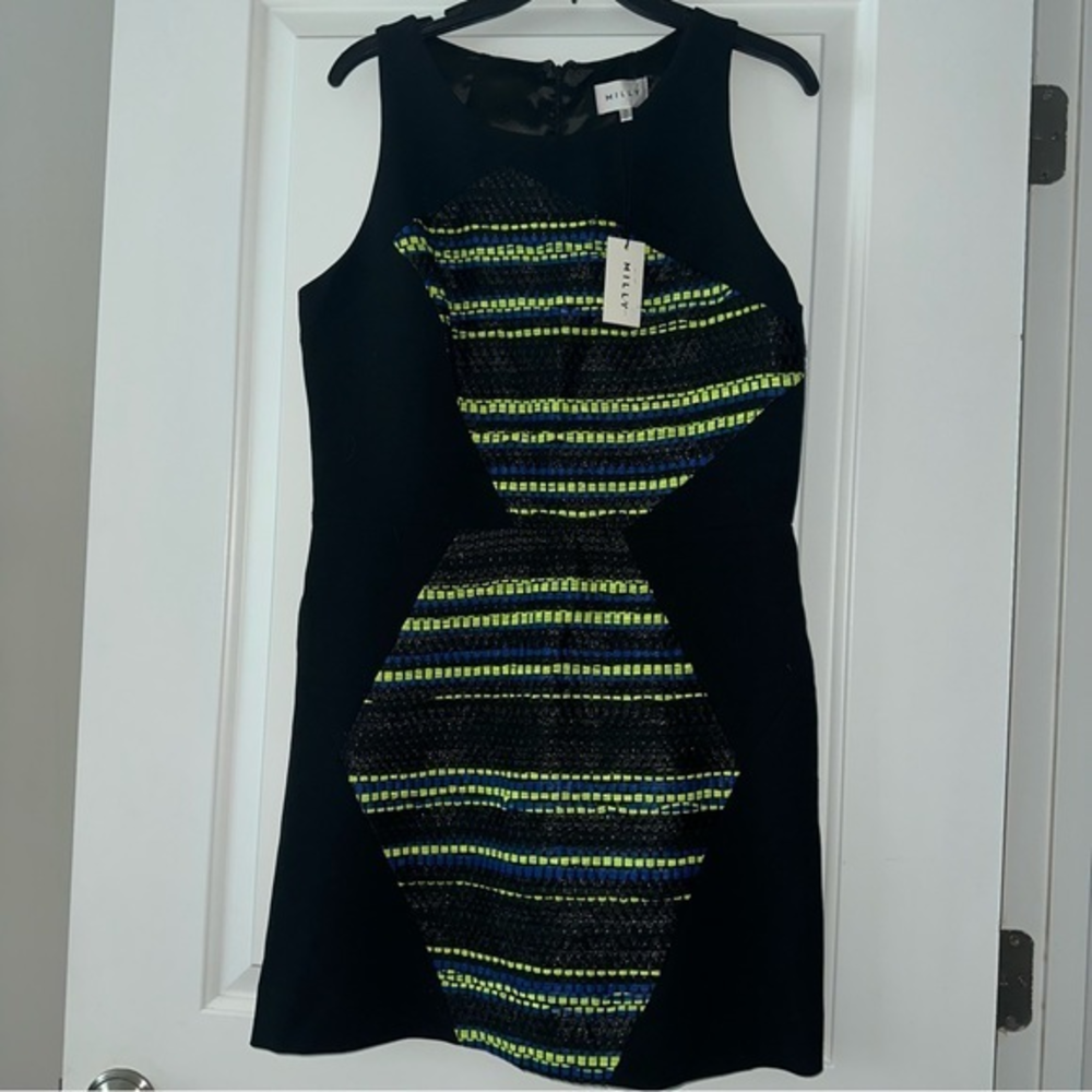 Milly‎ Black Chartreuse and Royal-Blue Metallic Tweed Striped Sheath Dress, 12